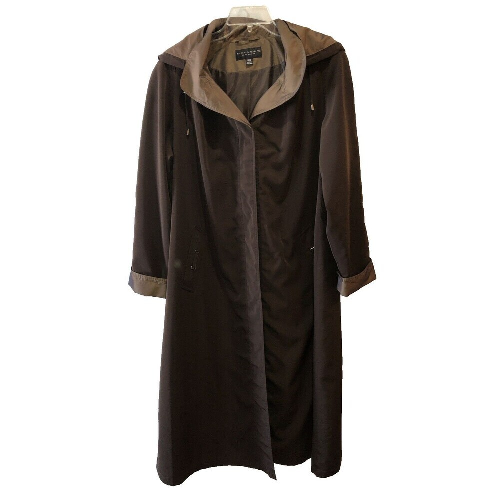 GALLERY Womens 16W Full Length Brown Silk Look Raincoat Detachable Hood Coat